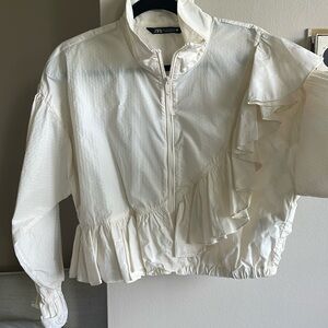 Zara cream ruffle detail track athletic jacket.
